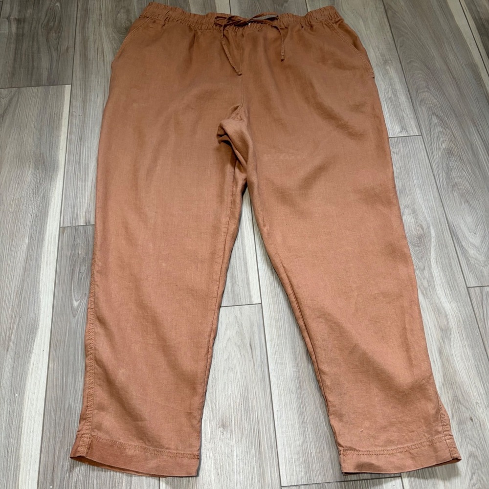 HM Womens XL Terracotta Linen Pull On Drawstring Pants Clay Orange Pockets